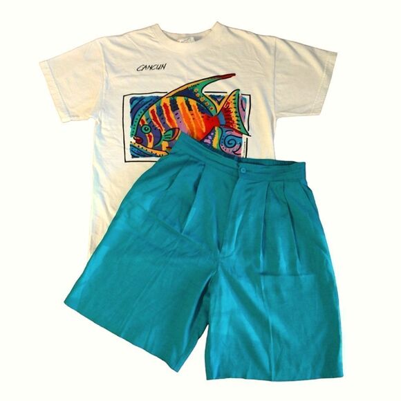 VTG Ellen Figg Green Ultra High Rise Linen Blend Bermuda Mom Shorts SZ 10 - Picture 2 of 16